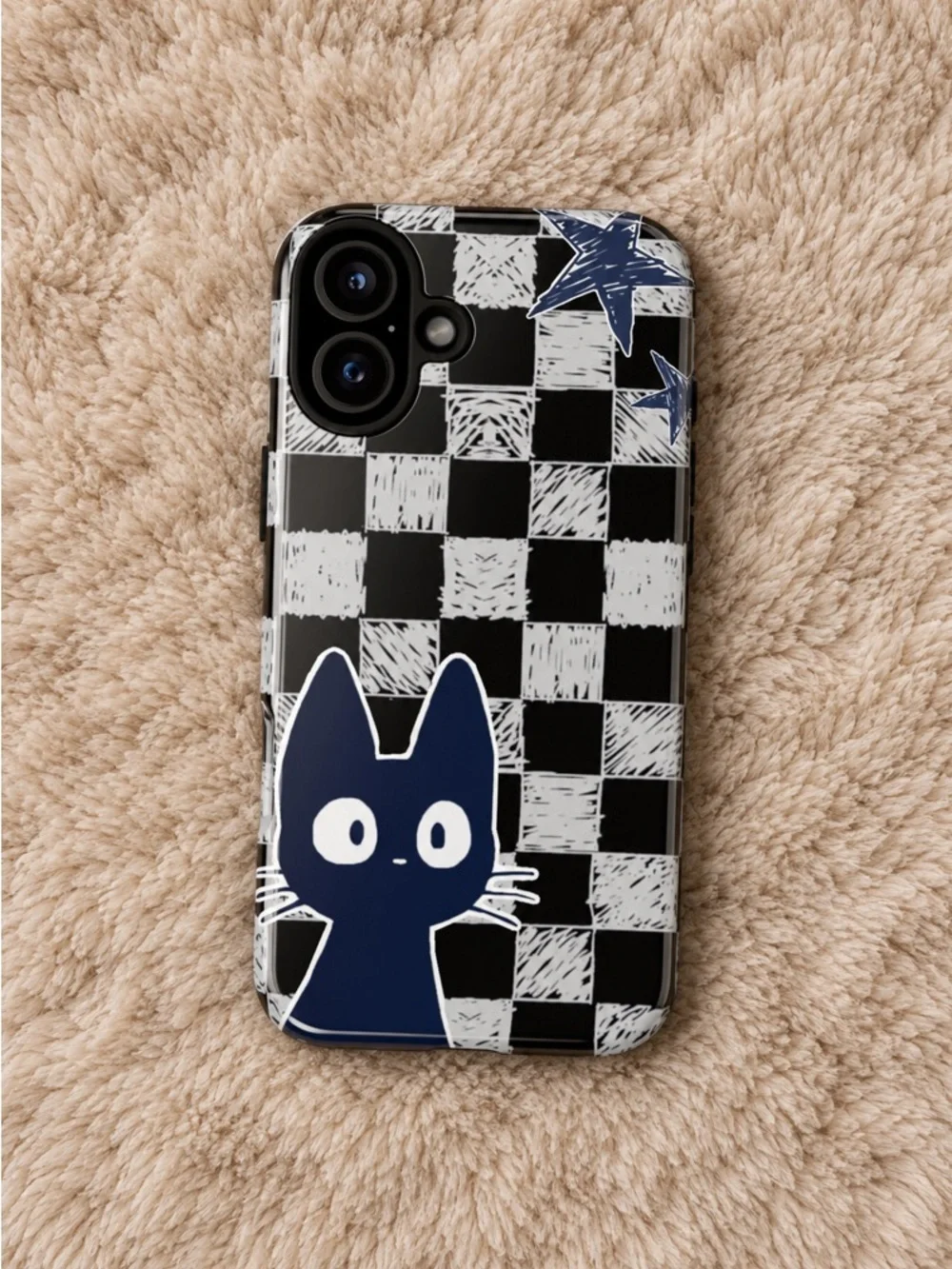 Checkered Peter Cat Tough Phone Case - Navy Cat Design